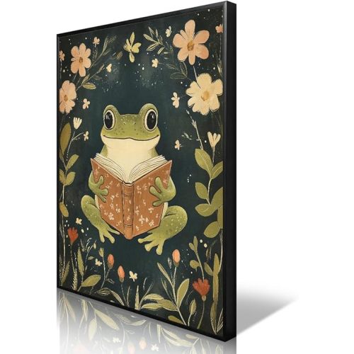 Frog Canvas Wall Art, Green Frog Reading A Book Poster, Rustic Nursery Animal Painting, Cozy Folk Art Print, Farmhouse Botanical Floral Painting for Kids Room 12x16in Wrapped Canvas