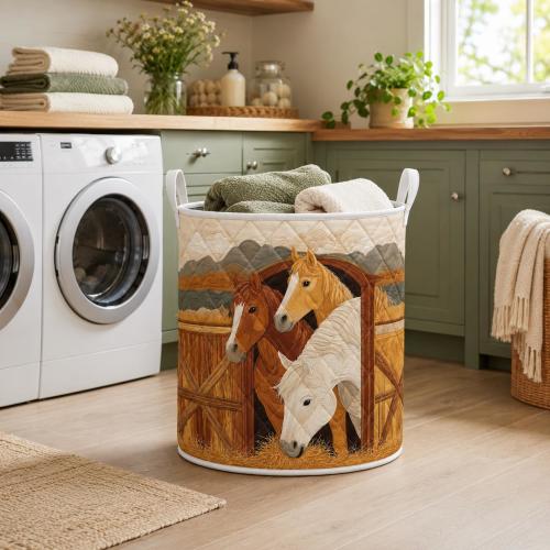 Quilted Horse Barn Laundry Basket, Rustic Farmhouse Storage Hamper