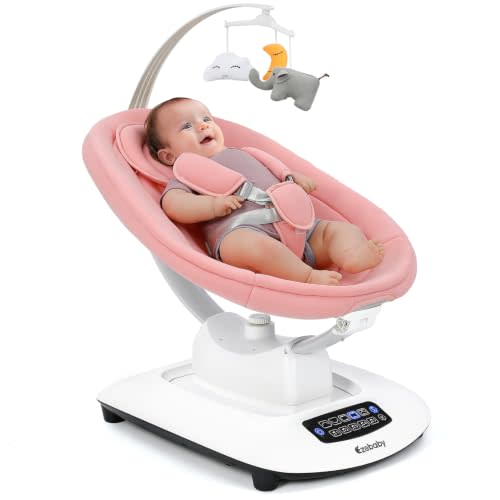 Ezebaby Electric Baby Swing for Infants with 5 Unique Motions & 5 Speeds | Lullabies, Bluetooth Enabled, Smart Baby Swings for Newborn with 5-Point Harness & Remote Control for 0-9 Months, Pink