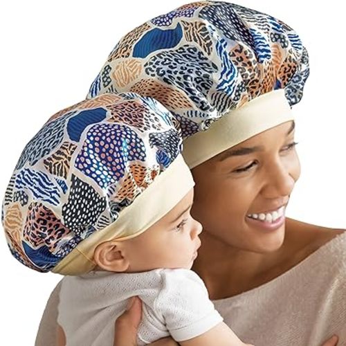 Red by Kiss 2-in-1 Mommy & Me Satin Bonnet Sleep Cap for Adult and Babies, Soft, Stretchy, and Safe, Protects Fragile Hair from Frizz & Breakage, Friction Bald Spots (Animal Prints, 6-18M)