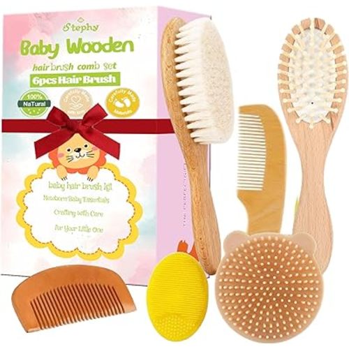 6 Piece Baby Hair Brush & Comb Set, Natural Bamboo & Goat Bristle for Cradle Cap Care, Newborn to Toddler Grooming Kit with Silicone Scrubbers for Scalp Massage