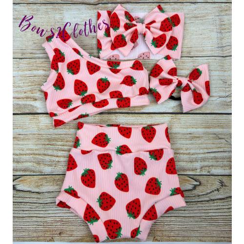 Strawberry Ribbed Baby Outfit: One-Shoulder Top, Bummie & Headwrap