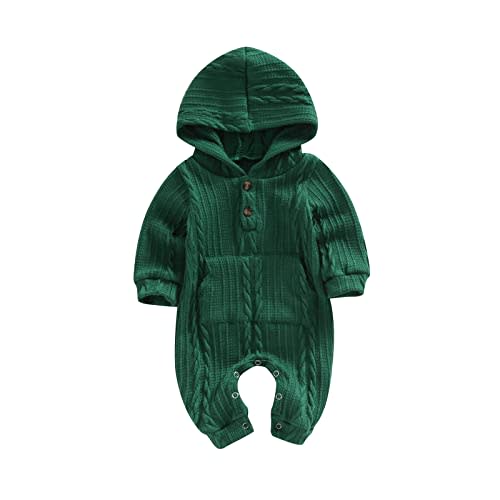 Ynibbim Winter Newborn Baby Boy Girl Solid Romper Unisex Infants Hooded Outfit Clothes Waffle Cotton Button Jumpsuits