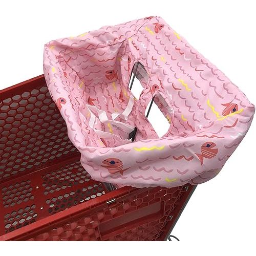 Portable Shopping Cart Cover, High Chair and Grocery Cart Covers for Babies, Kids, Infants & Toddlers, Attached Carry Bag (Simple Pink Fish)