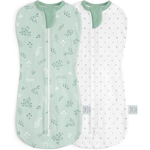 Baby Swaddle 0-2 Months, Cotton Arm-In Zipper Sleep Sack, Wearable Blankets Wrap for Newborn Infant Girls, Boys (Green Leaves, Polka Dots, Pack of 2)