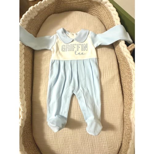 Monogrammed Baby Boy Blue Peter Pan style Footie | Personalized Baby Boy Coming Home Outfit Sleeper | Embroidered Baby Gift