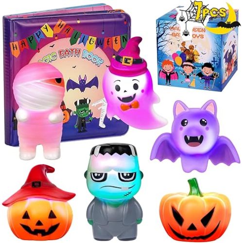 Halloween Light Up Bath Toys for Toddlers Kids, No Hole Bath Toys with Halloween Bath Book, LED Light Bath Time Water Toys for Bath Tubs Bathroom, Halloween Toys & Gift for Toddlers Kids Baby Shower