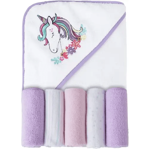 Viviland Baby Towels and Washcloths, Soft Absorbent Purple Baby Bath Towel Set, Unicorn Hooded Towels with 5 Infant Face Washcloths (6 Pieces)