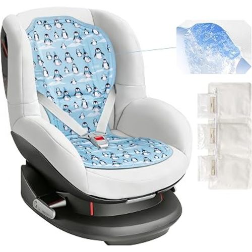 Solfres Hydro Gel Car Seat Cooler Mat with Ice Pack for Baby. Carseat and Stroller Cooling Pad Liner with Breathable 3D Mesh Anti-Slip Back. for Kids Toddlers, Blue Penguin