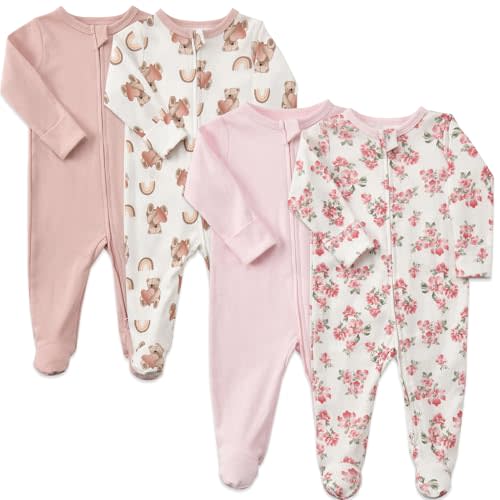 Aablexema Baby Footed Sleepers Double Zipper Pjs for Boys Girls, 4-pack | 4-Pack Soft Cotton Baby Footie Pajamas with Mitten Cuffs, Tagless Infant Long Sleeve One Piece Sleep Play