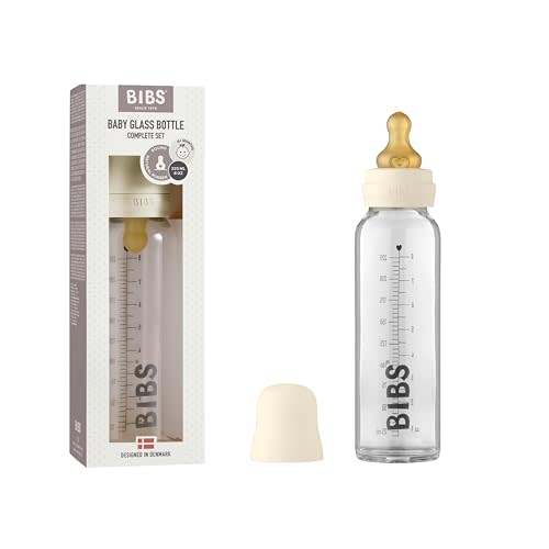 BIBS Baby Glass Bottle with Natural Rubber Nipple - Ivory, 8oz