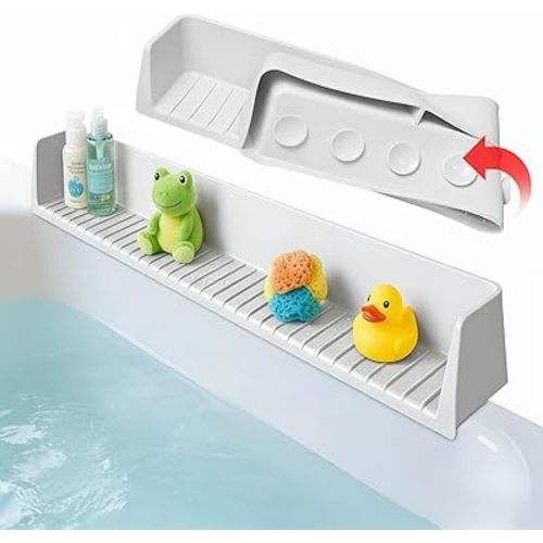 Splash Guard for Bathtub - 11 Strong Suction Cups Silicone Bath Tub Water Guard, Splash Proof Play Shelf for Children Bathing, Keeps Bathroom Floor Dry & Organized, 31.5" Gray