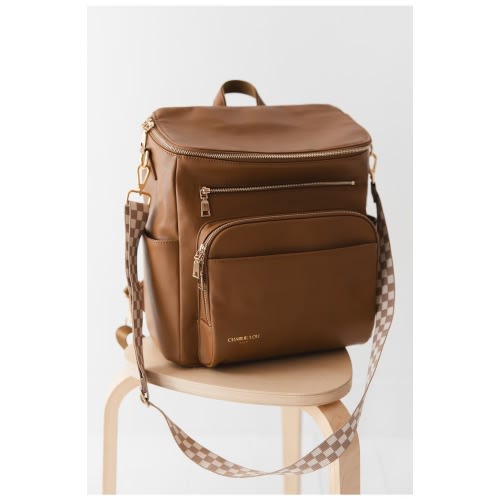 Vegan Leather Large Diaper Bag | 2 Insulated Bottle Pockets, Checkered Crossbody Strap, Stroller Straps & Changing Mat Included, Large