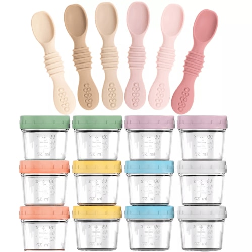 12-Pack Glass Baby Food Storage Jars with Lids, 6-Pack Silicone Baby Self-Feeding Spoons – BPA-Free, Leakproof, Freezer Safe Jars