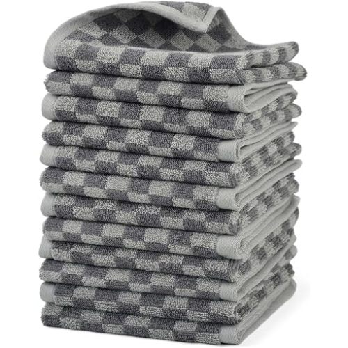 Super Soft Wash Cloths(Grey Checkered), 12 Pack Washcloths Facecloth