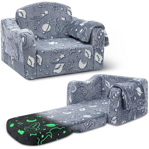 Airpanda Comfy Toddler Couch and Chair for Kids with Blanket, 2-in-1 Soft Plush Fold Out Kids Sofa Chairs for Girls and Boys, Convertible Sofa to Lounger for Playroom, Glowing Starry Sky