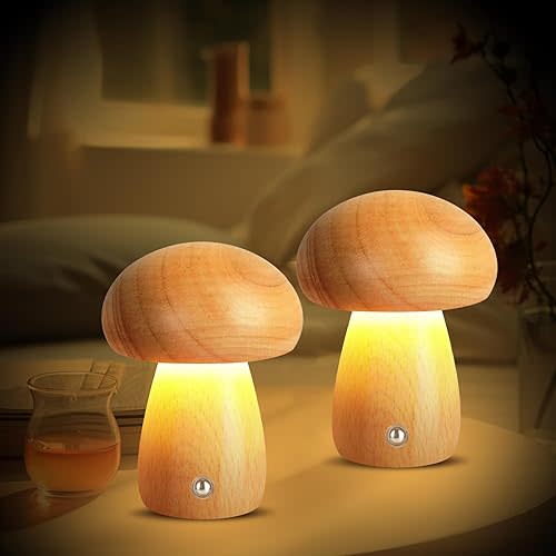 2 PCS Small Wooden Mushroom Lamp, Portable Cordless Rechargeable LED Touch Dimming Night Light, Perfect for Kids' Bedrooms, Nurseries & Gifts for Women, Natural Brown Finish