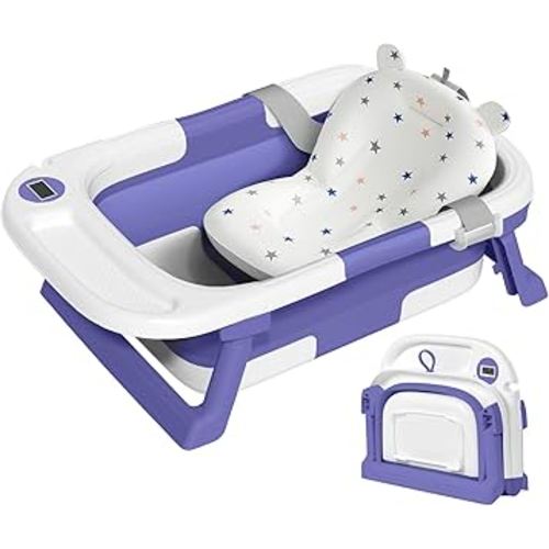 Collapsible Baby Bathtub,Baby Bath Tub with Thermometer & Soft Cushion,Baby Bathtub for Newborn to Toddler 0-36 Months,Portable Travel Baby Tub with No-Slip Feet,Baby Shower Gifts,Lavender