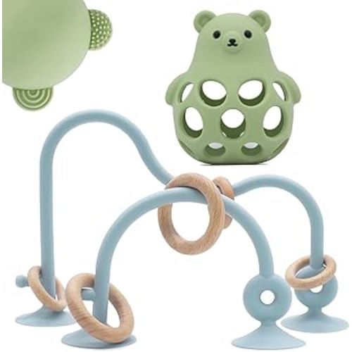 Baby High Chair Suction Toys Teething Chew - Baby Table Toys, Teething Toys Silicone Teethers, Food Grade Silicon for 6 12 18 Months (Green Blue)
