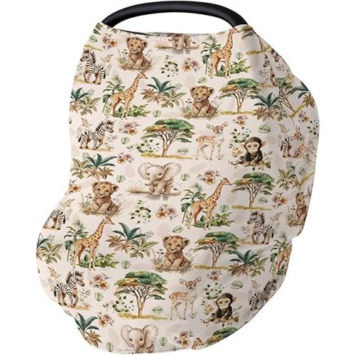 Safari Jungle Animals Baby Car Seat Covers Lion Monkey Giraffe Elephant Trees Stretchy 5-in-1 Cover Adjustable Car Canopy Breastfeeding Covers African Animal Breathable Nursing Cover-Up