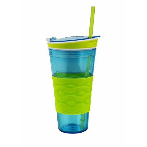 Snackeez Travel Snack & Drink Cup with Straw, Blue,16 oz
