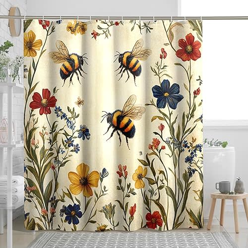 Aesthetic Retro Bee Shower Curtain, Spring Vinatge Florals Shower Curtains for Bathroom, Garden Insect Bath Pattern Decor Accessories Set -62"x72"