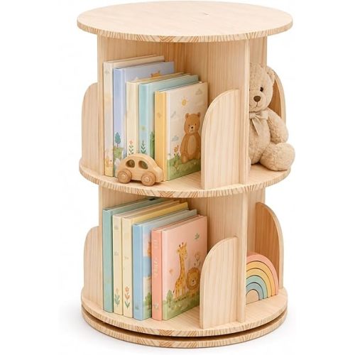 Kids 2 Tier Rotating Bookshelf, 360° Swivel Wooden Bookcase Organizer