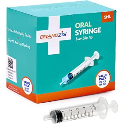 5ml Oral Syringes - 100 Pack – Luer Slip Tip, No Needle, Individually Blister Packed - Medicine Administration for Infants, Toddlers and Small Pets (No Cover)