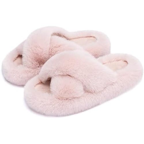 Chantomoo Women's Blue Memory Foam Faux Fur Lined Open Toe Slippers for Women - US 12