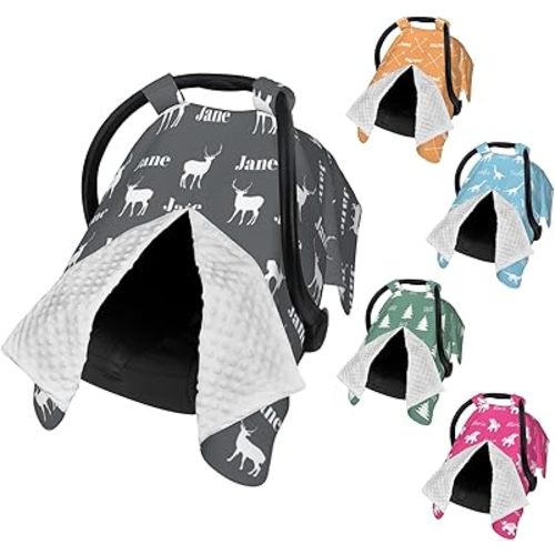 Personalized Baby Car Seat Covers with Name and Pattern for Girls and Boys, Customized Carseat Canopy, Peekaboo Opening Minky Nursing Breastfeeding Cover Car Seat Canopies for Newborn Infant Toddler