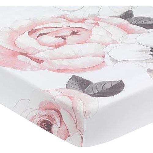 Lambs & Ivy Floral Garden Pink/White Watercolor Cotton Baby Fitted Crib Sheet