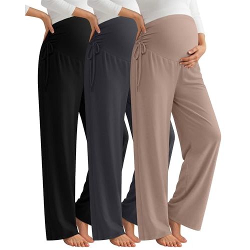 Neer 3 Pack Women's Maternity Pants Over The Belly Loose Pregnancy Pants Stretchy Lounge Wide Leg Trousers with Pockets