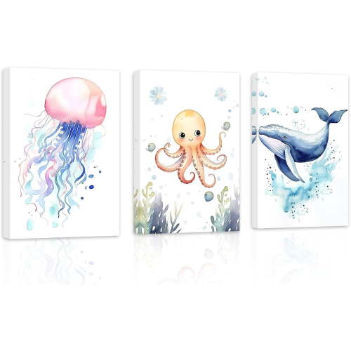 ZHONGYUTONG Ocean Animal Nursery Wall Art 3 Piece Cute Jellyfish Octopus Whale Watercolor Poster Prints on Canvas Funny Artwork for Kids Room Bedroom Wall Decor (11.00" x 14.00" x 3PCS)