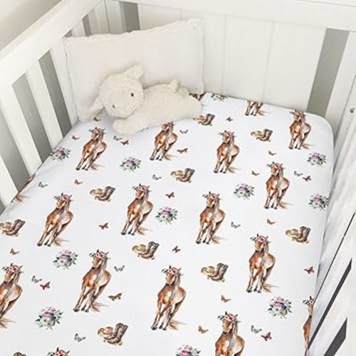 Watercolor Cowgirl Horse Floral Baby Crib Sheet 52''x28'' Western Cowgirl Boots Hats Stretchy Fitted Crib Mattress Cover for Boy Girl Wild Soft Baby Sheets for Standard Crib Toddler Mattress