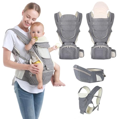 Baby Carrier, 6-in-1 Newborn to Toddler Carrier(7-50lbs), Front & Back Carrier with Detachable Hip Seat, Soft & Adjustable, All Seasons, Ideal for Mom & Dad, Perfect for Shopping & Travel - Grey