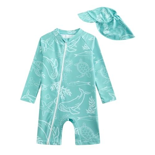 DivingBirds Baby Boy Rash Guard Swimsuit Set with Sun Hat - Long Sleeve Zip One Piece Toddler Bathing Suit for Beach & Pool