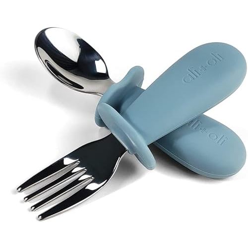 Ali+Oli Spoon & Fork Learning Set for Toddlers (Powder Blue) 6m+ Grab Easy BPA Free Food-Grade Silicone Handle, Kids Silverware Self Feeding Baby Utensil, Multi-stage Baby Feeding Set Ergonomic Design