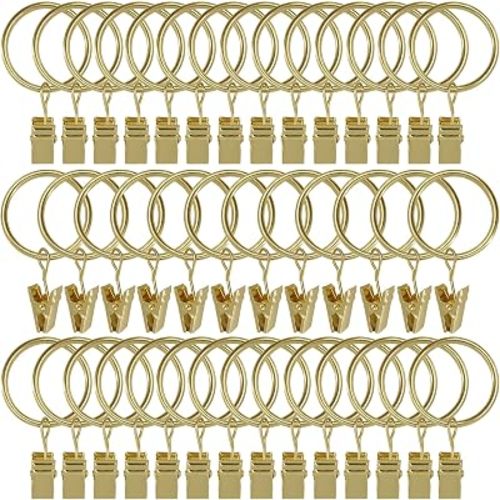 40 Pack Curtain Rings with Clips, Drapery Clips with Rings, Drapes Rings 1.26 in Interior Diameter, Fits up to 1 in Curtain Rod, Gold Color