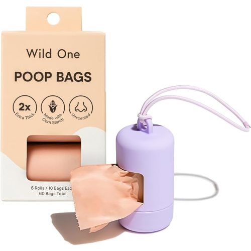Wild One Dog Poop Bag Holder and Dispenser with Leash Attachment, Leak Proof, Easy Twist Top for Refills, Includes 1 Box Of Bags, Lilac
