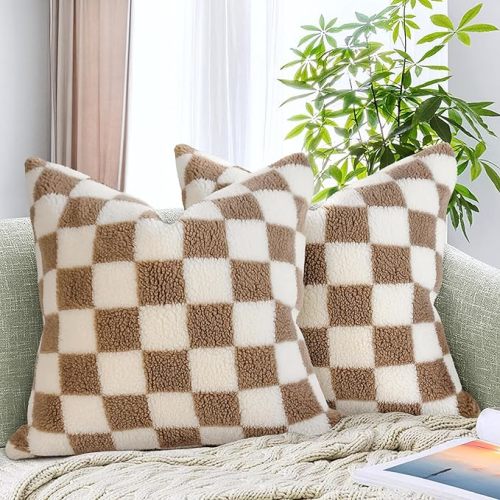 AmHoo Pack of 2 Decorative Throw Pillow Covers Checkerboard Luxury Super Soft Faux Fur Wool Set Case Cushion for Couch Sofa Bedroom 18 x 18-Inch Camel