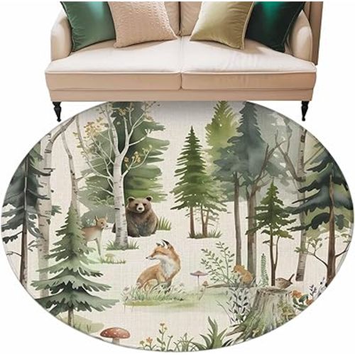 Round Area Rug 5ft Forest Animal Floor Carpets Indoor Floor Area Mat Stain-Proof Mat Circle Rugs for Living Room Dining Room Kitchen Bedroom, Woodland Trees Bear Fox Deer Bird Sofa Throw Carpet