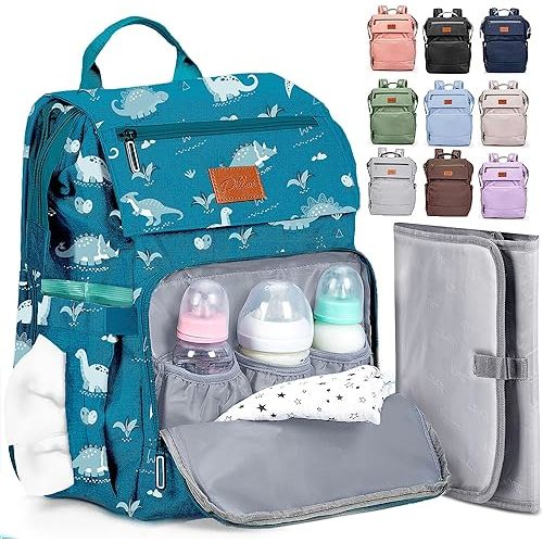 PILLANI Baby Diaper Bag Backpack - Large Waterproof Travel Diaper Bag for Boys & Girls, 16 Organizer Pockets with Changing Pad, Insulated Bottle Pockets & Stroller Straps, Baby Shower Gifts, Dinosaur