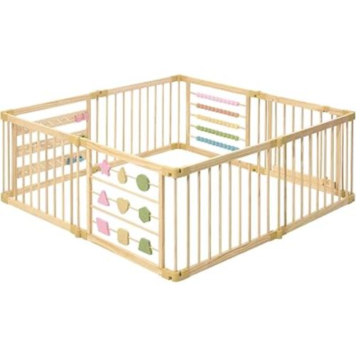 ZETY Natural Wood Baby Playpen, 8 Panel Foldable Play Yard, Door & Toys