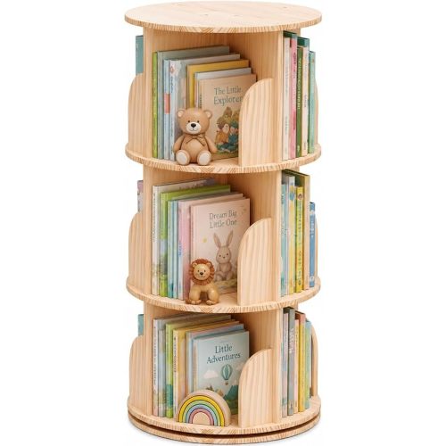 Solid Wood Rotating Bookshelf, 3-Tier 360° Spinning Bookcase Tower, Stackable Adjustable Book Shelf Organizer for Small Spaces, Corner Standing Storage for Home Office, Living Room & Kids Room