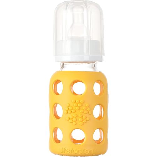 Lifefactory 4-Ounce BPA-Free Glass Baby Bottle with Protective Silicone Sleeve and Stage 1 Nipple, Yellow