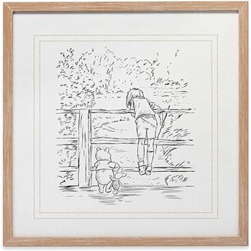Open Road Brands Disney Winnie the Pooh and Christopher Robin Sketched Scene Framed Wood Wall Art - Large Vintage Winnie the Pooh Wall Decor