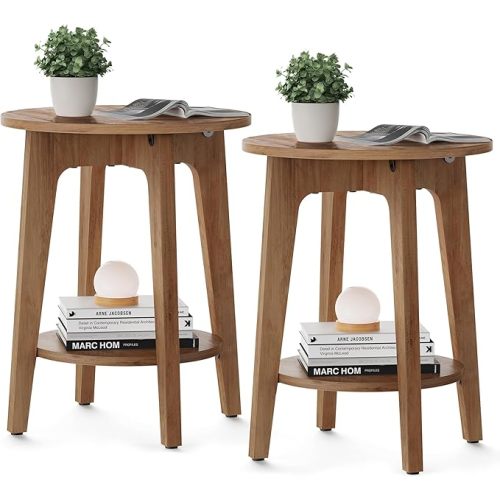 VASAGLE Side Tables, Set of 2, Small Round End Table with Lower Shelf, Nightstand for Small Spaces, Living Room, Bedroom, Rustic Walnut ULET289K01