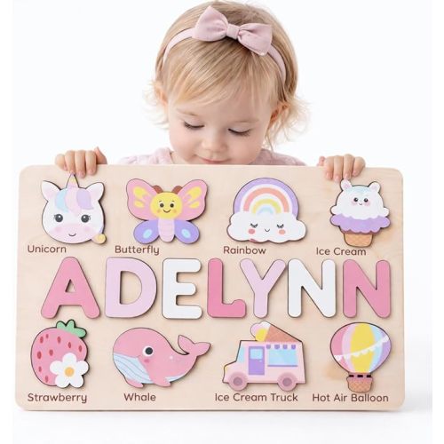 Personalized Name Puzzle for Toddlers 1-3 | Custom Wooden Baby Girl Gift with 48 Animal Art Sets | 1st Birthday Gift for Girls | Personalized Baby Boy & Girl Gifts Keepsake