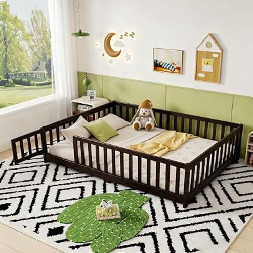 PVWIIK Full Size Floor Bed with Fence and Door and Slats for Boy,Girl,Kids,Rubber Wood Safety Guardrails Floor Bed/Platform Bed Easy Assemble Bedframe,Espresso