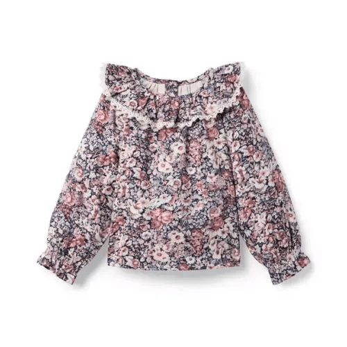 Girl Dusty Pink Floral Floral Ruffle Collar Top by Janie and Jack